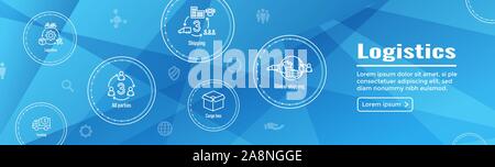 La logistica di set di icone e web banner di intestazione w edifici, autotrasporti, persone e nella confezione per la spedizione Illustrazione Vettoriale