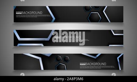 Vettore di raccolta banner. sovrapposizione esagono blu linee su uno sfondo grigio. web design, presentazione, pubblicità, ecc. Illustrazione Vettoriale