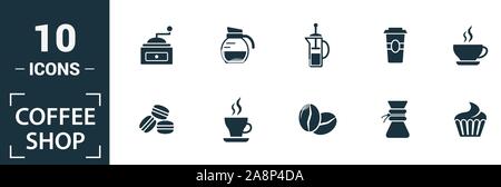 Coffe Shop icon set. Includere elementi creativi i chicchi di caffè, cappuccino, macchina del caffè, caffè per andare, caffè ghiacciato icone. Può essere utilizzato per il report Illustrazione Vettoriale