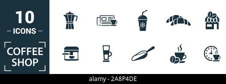 Coffe Shop icon set. Includere elementi creativi i chicchi di caffè, cappuccino, macchina del caffè, caffè per andare, caffè ghiacciato icone. Può essere utilizzato per il report Illustrazione Vettoriale