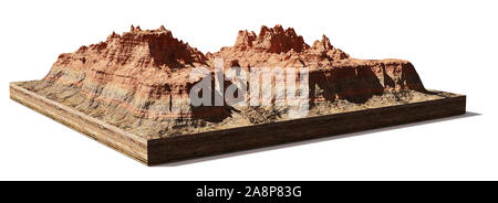 Modello di una sezione trasversale di un deserto montagna, mesa isolata con ombra su sfondo bianco Foto Stock