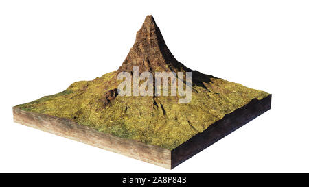 Modello di una sezione di terreno con alta montagna (3d rendering, isolati su sfondo bianco) Foto Stock