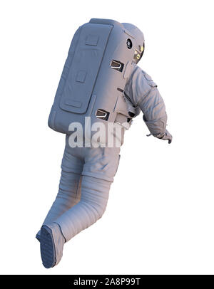 Flying astronauta, vista posteriore, isolato su sfondo bianco Foto Stock