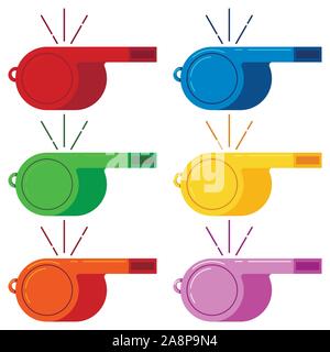Fischio di soffiaggio rosso, blu, verde, giallo, arancione, rosa color vector icon set isolato su sfondo bianco. Illustrazione Vettoriale
