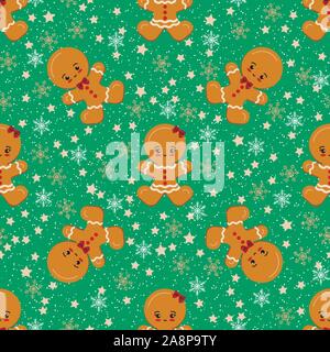 Gingerbread Man boy, ragazza, Natale seamless pattern con stelle, fiocchi di neve su sfondo verde. Illustrazione Vettoriale