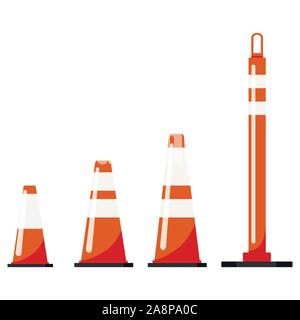 Colore arancione in plastica del traffico su strada insieme cono isolato su sfondo bianco. Illustrazione Vettoriale