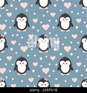 Penguin giovane ragazzo e ragazza baby in amore seamless pattern con cuori rosa, stelle su sfondo blu. Illustrazione Vettoriale