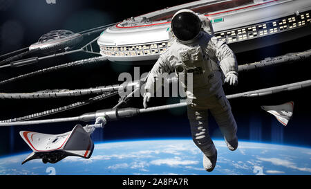 Astronauta durante spacewalk davanti a una stazione spaziale Foto Stock