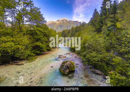 Blu smeraldo Soca River Valley vicino a Bovec nel Parco Nazionale del Triglav, sulle Alpi Giulie, Slovenia Europa Foto Stock