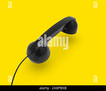 Cornetta telefonica, colore nero su sfondo giallo, rendering 3D Foto Stock