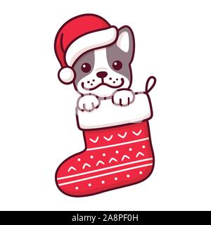 Cartoon carino bulldog francese cucciolo di Santa Claus hat all'interno appeso calza di Natale. Buon Natale biglietto di auguri con il cane disegno in una calza rossa. Illustrazione Vettoriale