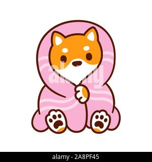 Cartoon carino cane con una coperta. Kawaii Shiba Inu cucciolo nella calda e intima coperta. Vettore isolato clip art illustrazione. Illustrazione Vettoriale