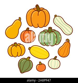 Disegno animato di diversi tipi di zucca e squash. Autumn harvest verdure, vettore disegnato a mano stile doodle illustrazione. Illustrazione Vettoriale