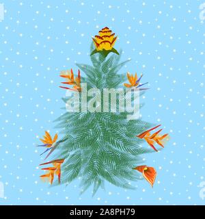 Natale tropicale. Flamingo, foglie di palma e fiocchi di neve. Modello per i biglietti e inviti per le feste. Albero di Natale fatto di foglie tropicali Illustrazione Vettoriale