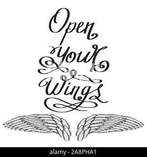 Angelo o ali di Phoenix. Il logo alato Design. Parte di Eagle Bird. Apri le tue ali testo. Disegnato a mano Lettering motivazionali. Illustrazione Vettoriale