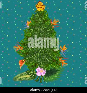 Natale tropicale. Flamingo, foglie di palma e fiocchi di neve. Modello per i biglietti e inviti per le feste. Albero di Natale fatto di foglie tropicali Illustrazione Vettoriale