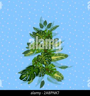 Natale tropicale. Flamingo, foglie di palma e fiocchi di neve. Modello per i biglietti e inviti per le feste. Albero di Natale fatto di foglie di palma e avocado Illustrazione Vettoriale