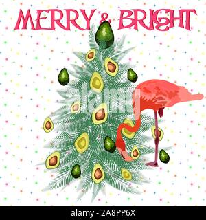 Natale tropicale. Flamingo, foglie di palma e fiocchi di neve. Modello per i biglietti e inviti per le feste. Albero di Natale fatto di foglie di palma e avocado Illustrazione Vettoriale
