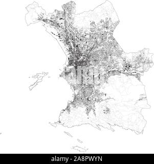 Mappa satellitare di Marsiglia e di edifici, Francia. Mappa strade, tangenziali e autostrade, fiumi. Mappa di trasporto Illustrazione Vettoriale