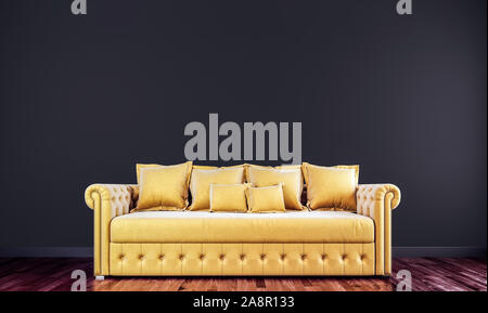 Nero mock up parete con oro divano tufted in arredamento moderno sfondo, salotto stile scandinavo, 3D rendering 3D illustrazione Foto Stock