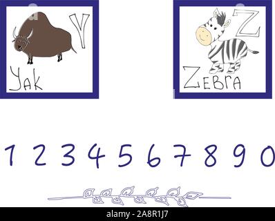Disegnate a mano alfabeto, font, lettere. Doodle ABC per bambini con graziosi animali caratteri. Illustrazione Vettoriale, isolato su sfondo bianco. Illustrazione Vettoriale
