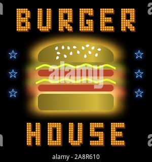 Burger House Neon segno colorato su sfondo nero. Il Fast Food segno Illustrazione Vettoriale