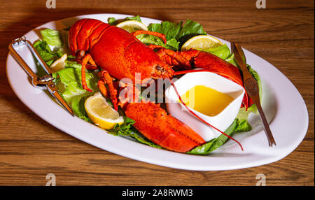 Fresca aragosta bollita su un letto di verdure con le fette di limone, il burro fuso e stoviglie, servita su un bianco di ceramica piatto su un tavolo di legno. Foto Stock