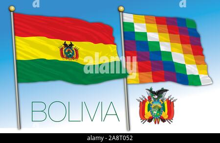 Bolivia e Wiphala bandiere ufficiali con stemma, illustrazione vettoriale, SUD AMERICA Illustrazione Vettoriale