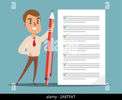 Happy businessman tenendo una matita guardando la lista di controllo completata negli appunti. Illustrazione Vettoriale