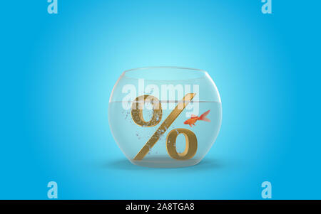 Oro simbolo di percentuale in un acquario simboleggia l'amore, i rapporti e la finanza globale, business ed economia mentre un goldfish orologi. Il rendering 3D. Foto Stock