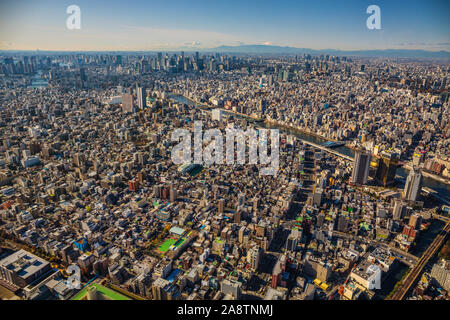 Vista di Tokyo da Tokyo Sky Tree. Sullo sfondo il Monte Fuji. Crociere sul fiume Sumida. Quartiere Sumida. Tokyo. Giappone Foto Stock