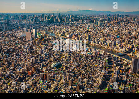 Vista di Tokyo da Tokyo Sky Tree. Sullo sfondo il Monte Fuji. Crociere sul fiume Sumida. Quartiere Sumida. Tokyo. Giappone Foto Stock