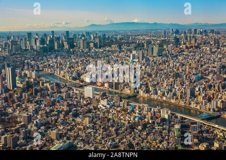 Vista di Tokyo da Tokyo Sky Tree. Sullo sfondo il Monte Fuji. Crociere sul fiume Sumida. Quartiere Sumida. Tokyo. Giappone Foto Stock