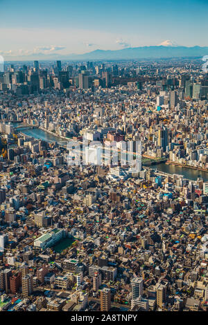 Vista di Tokyo da Tokyo Sky Tree. Sullo sfondo il Monte Fuji. Crociere sul fiume Sumida. Quartiere Sumida. Tokyo. Giappone Foto Stock