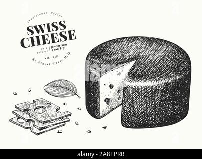 Il formaggio svizzero illustrazione. Disegnato a mano caseificio vettore illustrazione. Stile inciso emmental testa. Cibo retrò illustrazione. Illustrazione Vettoriale