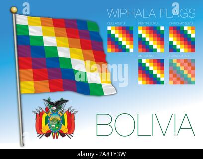 Wiphala bandiere ufficiali e boliviano stemma, Bolivia, illustrazione vettoriale Illustrazione Vettoriale