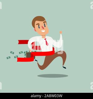 Nozione di imprenditore di successo in una linea di finitura. l uomo la vittoria con le mani fino correre verso il rosso nastro fine. Illustrazione Vettoriale