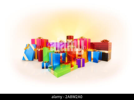 Set di colorate scatole regalo con oro fiocchi e nastri prima di luce soffusa. Isolato su uno sfondo bianco. 3D render illustrazione. Foto Stock
