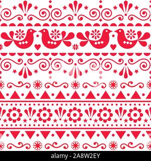 Scandinavian seamless pattern vettore folk art style, ripetitive carino il design nordico con uccelli in rosso su sfondo bianco Illustrazione Vettoriale