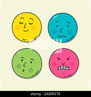 Quattro molto popolari emoticon. Vettore. Illustrazioni di stati emotivi. Icone per il sito web e le etichette. Kawaii gli Emoji. Chubby volti in forma di sticke Illustrazione Vettoriale
