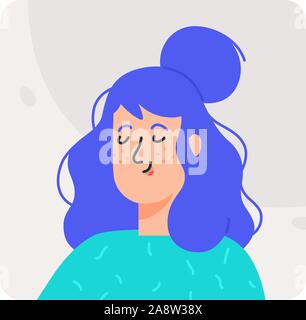 Illustrazioni di avatar di una ragazza con gli occhi chiusi dal piacere. Vettore. La donna in un turchese t-shirt su uno sfondo grigio. Profilo utente per il sit Illustrazione Vettoriale
