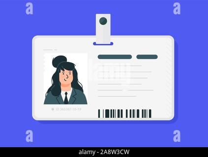 Donna di plastica di schede ID. Vettore. Auto patente isolata su uno sfondo blu. Appartamento in stile cartone animato. Studente, corporate pass. Illustrazione Vettoriale