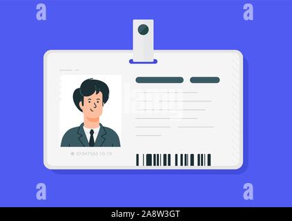 Uomo di plastica carte di identificazione. Vettore. Auto patente isolata su uno sfondo blu. Appartamento in stile cartone animato. Studente, corporate pass. Illustrazione Vettoriale