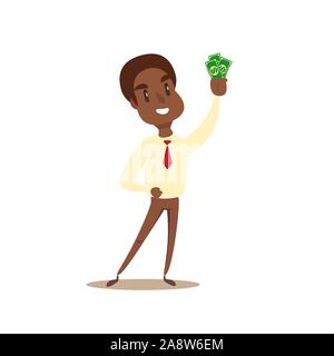 Imprenditore carattere felice tiene le fatture del dollaro Illustrazione Vettoriale