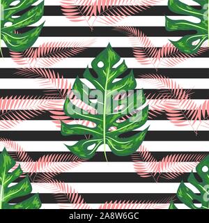 Modello senza cuciture con foglie tropicali: palme, Monstera, foglie di banano, giungla leaf pattern seamless striped background. Illustrazione Vettoriale