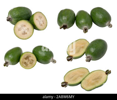 Impostare la frutta tropicale feijoa intere e tagliate a metà, isolati su sfondo bianco. Foto Stock