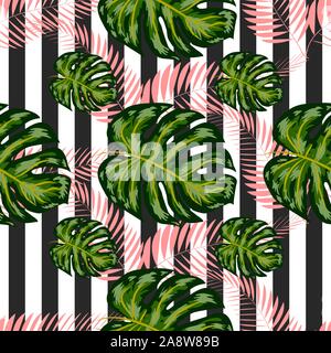 Modello senza cuciture con foglie tropicali: palme, Monstera, foglie di banano, giungla leaf pattern seamless striped background. Illustrazione Vettoriale