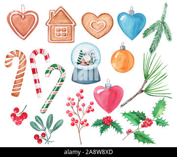 Set di elementi di Natale, bacche rosse, snow globe palla, lecca-lecca, palle di Natale, agrifoglio, vischio, lo zenzero cookie, rami di abete e pino. Han Foto Stock