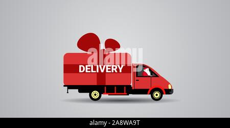 Babbo Natale consegna guida van con confezione regalo contenitore trasporto marittimo per buon Natale felice anno nuovo vacanze invernali celebrazione concetto orizzontale illustrazione vettoriale Illustrazione Vettoriale