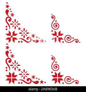 Natale angolo vettore set - stile scandinavo, folk elementi di design con fiocchi di neve in rosso su sfondo bianco Illustrazione Vettoriale